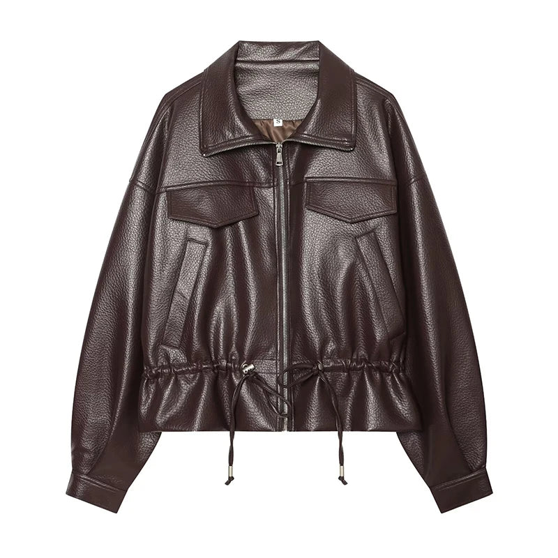 Women's Jacket Solid Faux Leather Drawstring Pleated Full-Zip Turn-Down Collar Loose Thick Streetwear Coat