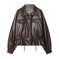 Women's Jacket Solid Faux Leather Drawstring Pleated Full-Zip Turn-Down Collar Loose Thick Streetwear Coat