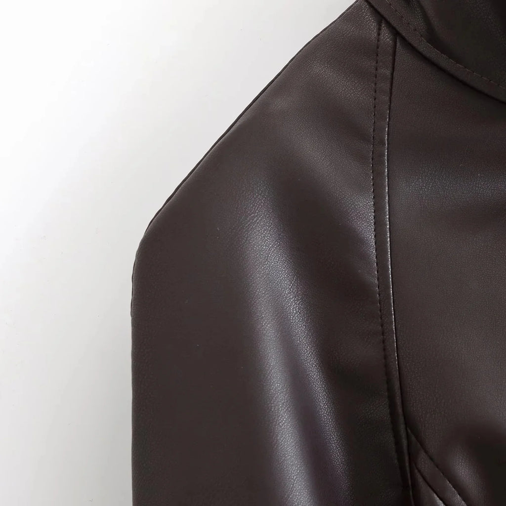 Women's Faux Leather Casual Fashion Jacket Belted Stand-Collar Button-Front Coat
