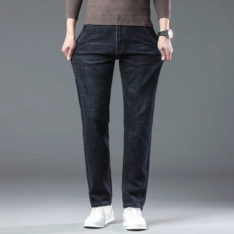 New High Quality Jeans Men's Business Casual Straight Denim Pants Stretch Fashion Classic Work Trousers Blue Black Male