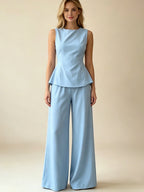 2026 Women Casual Set Elegant Back Tie Sleeveless Peplum Top + Wide Leg Pants 2 Pieces