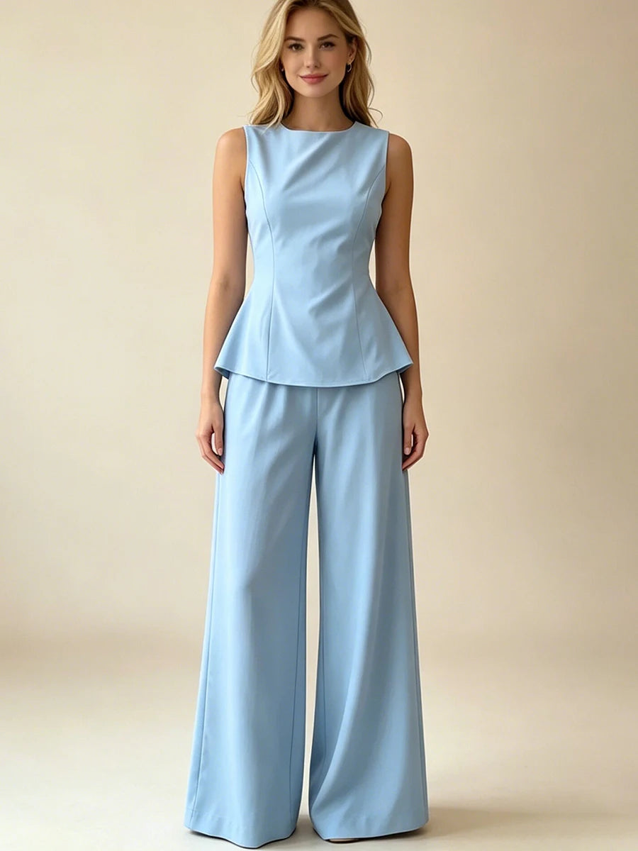 2026 Women Casual Set Elegant Back Tie Sleeveless Peplum Top + Wide Leg Pants 2 Pieces