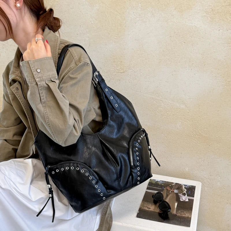 Women's Faux Leather Hobo Shoulder Bag with Zipper Closure