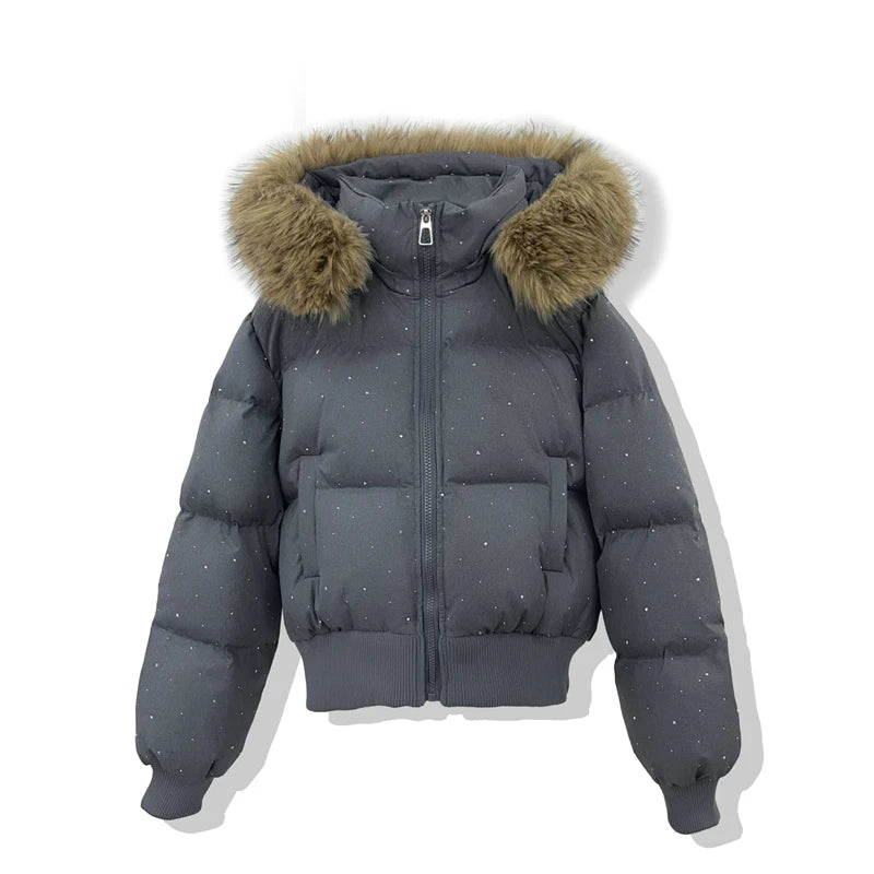Women's Rhinestone Hooded Puffer Jacket with Plush Trim
