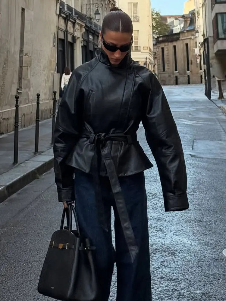 Women's Jacket Vintage Faux Leather Belted Turn-Down Lapel Full-Zip Full-Sleeve Short Motorcycle Coat