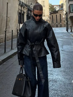 Women's Jacket Vintage Faux Leather Belted Turn-Down Lapel Full-Zip Full-Sleeve Short Motorcycle Coat