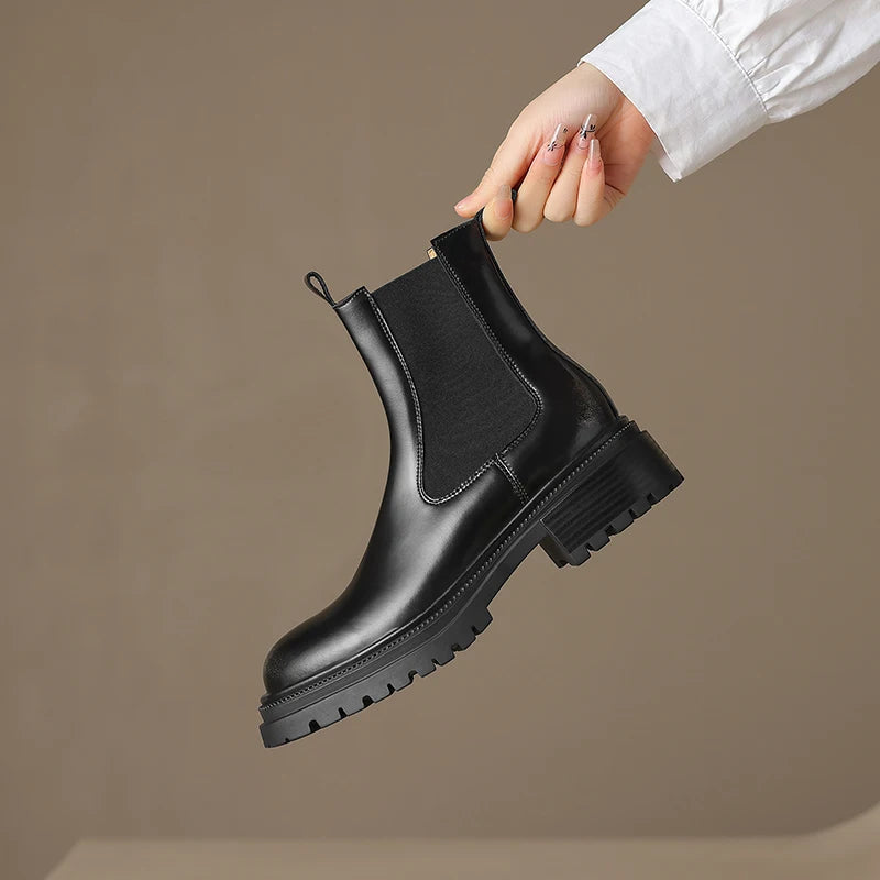 Arden Furtado Women's Calfskin Leather Chelsea Ankle Boots – Round Toe Square Heel