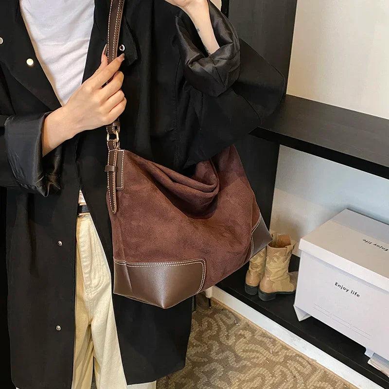 Nubuck Leather Shoulder Bags Women Large Patch Zipper Adjustable Strap Handbags