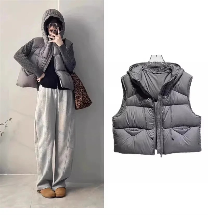 Women's Hooded Quilted Puffer Vest with Pockets