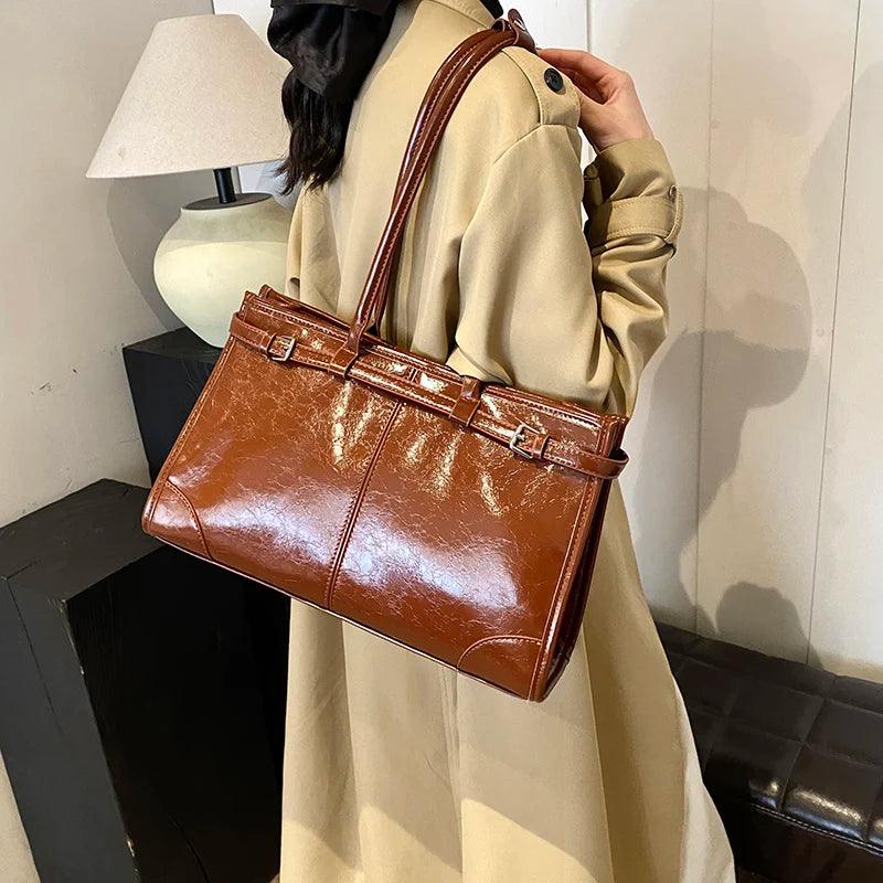 Large Leather Tote Bags Shoulder Bag Women Belt Style Zipper Handbags and Purses