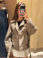 Women's Jacket Polyester Plaid Loose Stand Collar Full-Zip Full-Sleeve Casual Autumn Outerwear