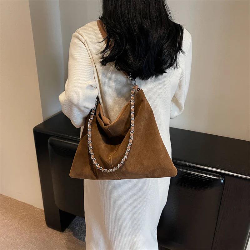 Large Shoulder Bags Nubuck Soft Leather Chain Strap Zipper Women Purses