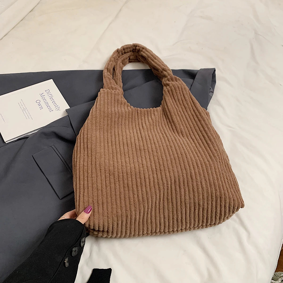 Soft Large Corduroy Handbags Women Snap Casual Style Tote Handbags