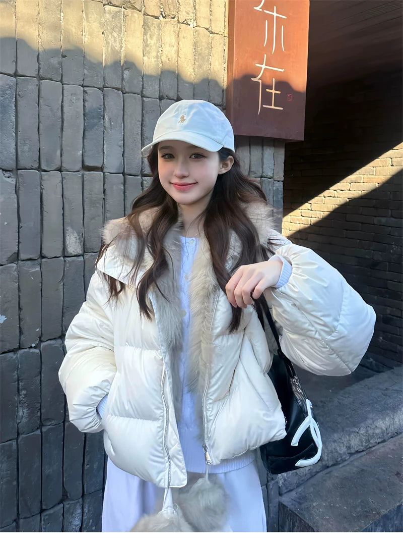 Women's Cropped Puffer Jacket with Faux Fur Collar