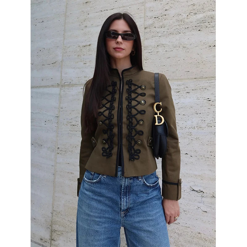 Women's Jacket Vintage Solid Knot Button Single-Breasted Stand Collar Full-Sleeve Slim Short Outerwear Coat