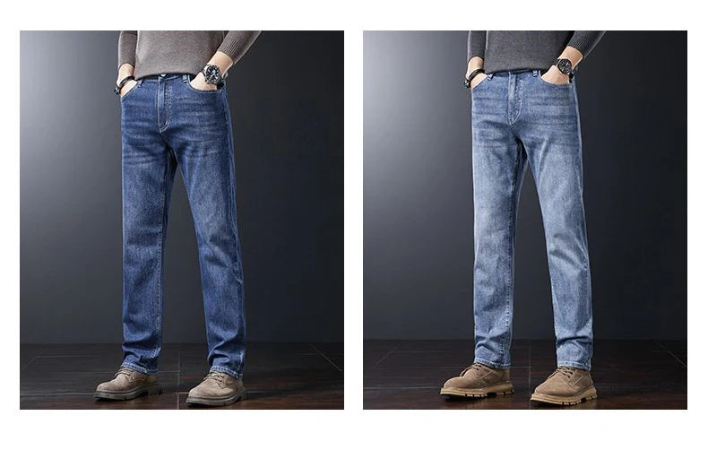 Men's Soft Stretch Straight Jeans Business Casual Slim Fit Wash Denim Pants Korean Fashion Blue Gray Male Brand Trousers