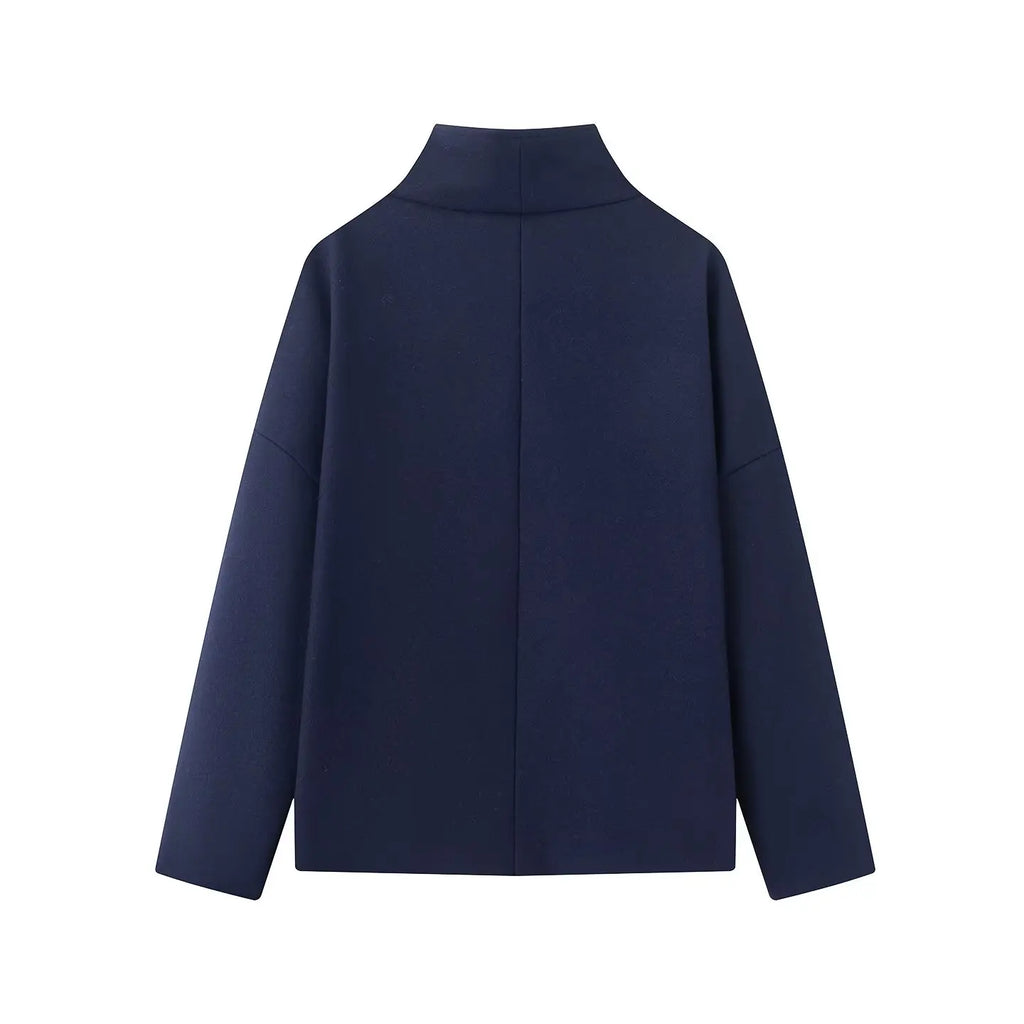 Women's High-Neck Double-Breasted Jacket with Pockets