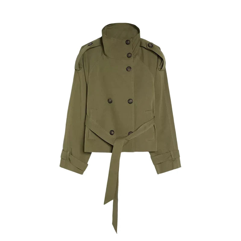 Women's Jacket Solid Lace-Up Double-Breasted Turn-Down Collar Full-Sleeve High-Waist Short Streetwear Coat