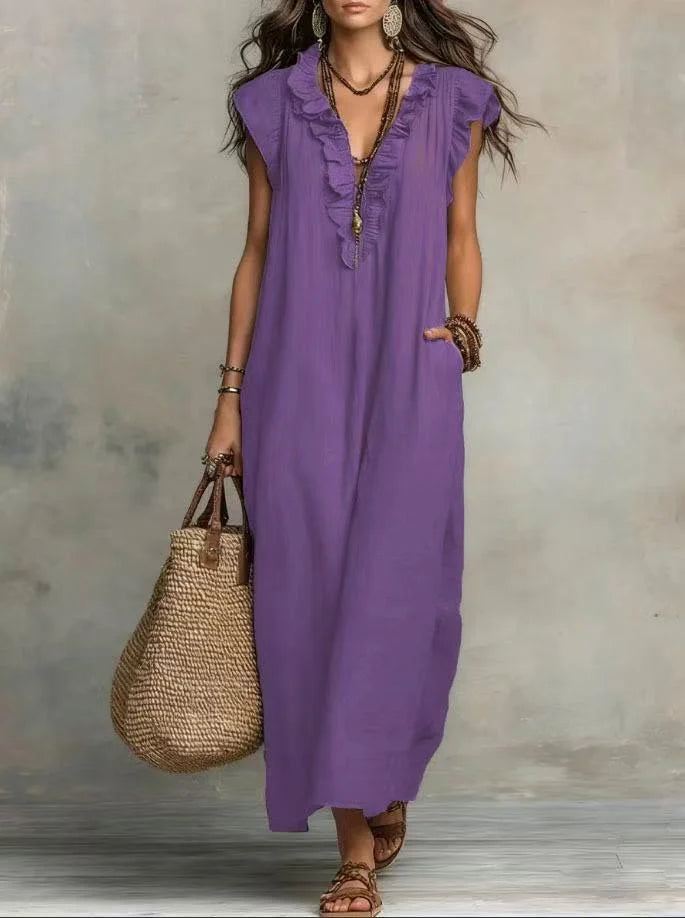 Boho Maxi Dress with Pockets – Ruffle V-Neck Sleeveless Beach Dress