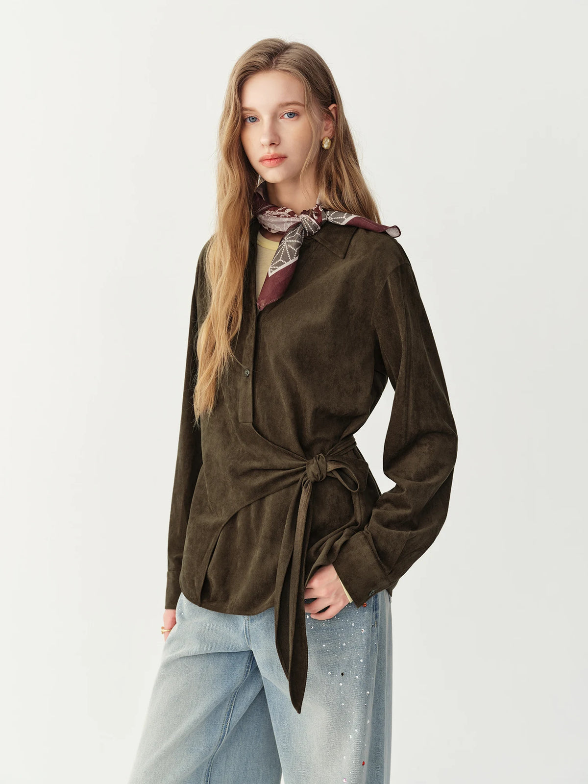 Women's Faux Suede Tie-Waist Shirt & A-Line Skirt Two-Piece Set – Retro Office