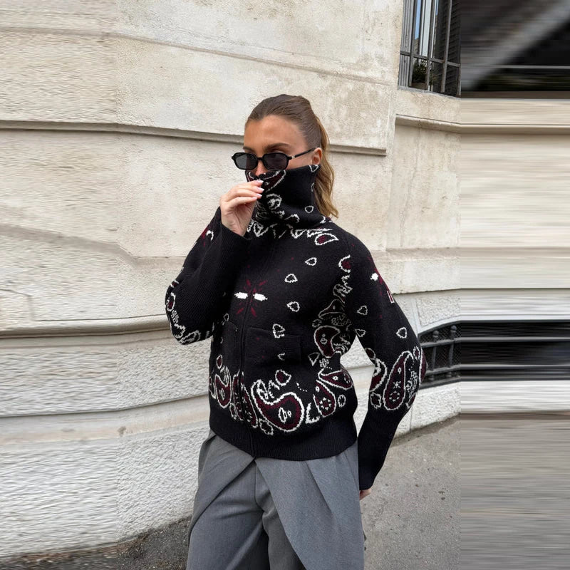 Casual Knit Printed Sweater Women Autumn Winter Loose Stand Collar Long Sleeve Button Knitwear Female 2026 Chic Lady Cardigan