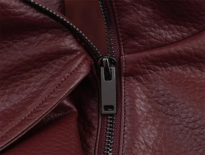 Women's Jacket Pebble Faux Leather Full-Sleeve Moto-Style Zipper Casual Coat