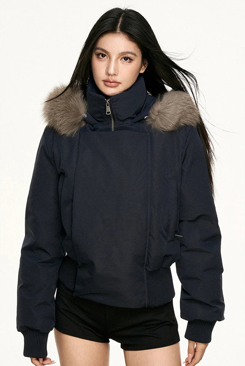 Women's Hooded Winter Bomber Jacket with Faux Fur Trim