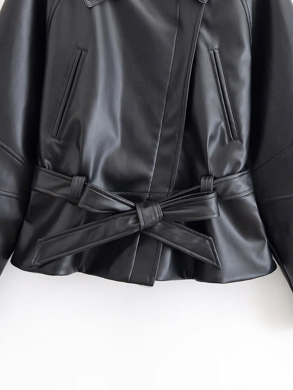 Women's Jacket Vintage Faux Leather Belted Turn-Down Lapel Full-Zip Full-Sleeve Short Motorcycle Coat