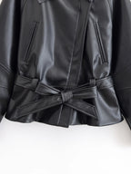 Women's Jacket Vintage Faux Leather Belted Turn-Down Lapel Full-Zip Full-Sleeve Short Motorcycle Coat