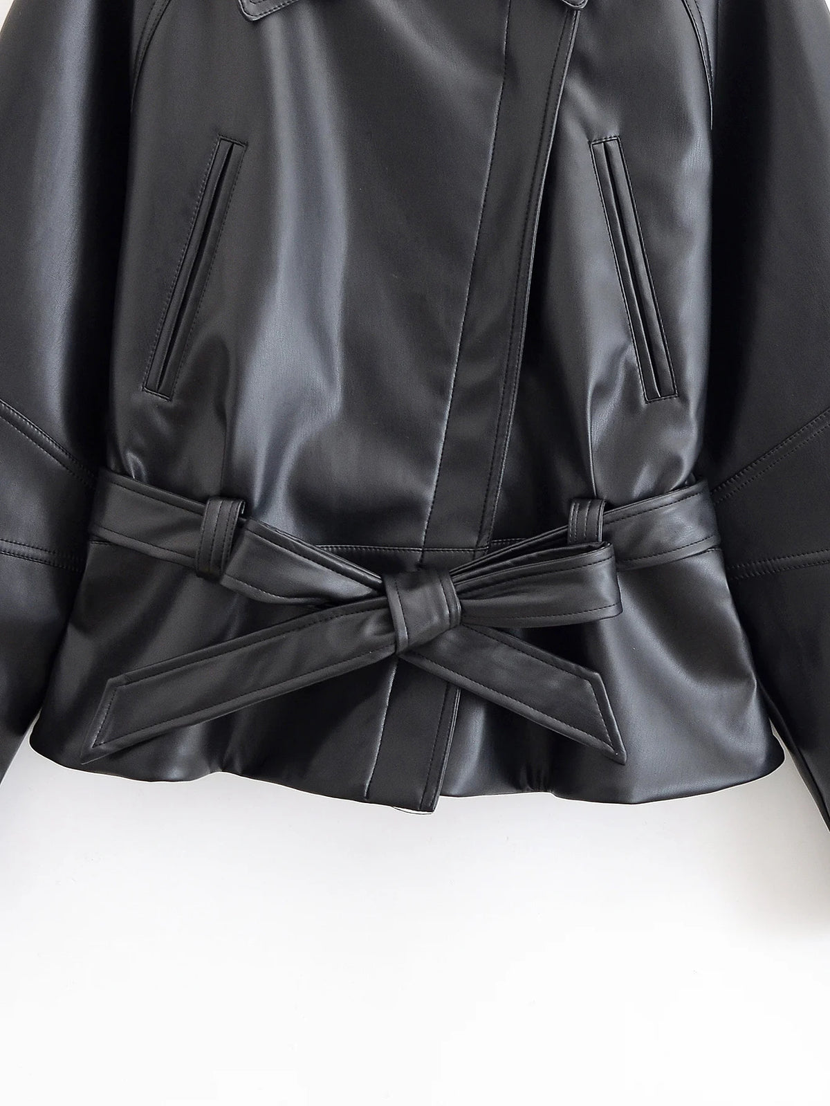 Women's Jacket Vintage Faux Leather Belted Turn-Down Lapel Full-Zip Full-Sleeve Short Motorcycle Coat