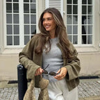 Women's Suede Textured Bomber Jacket Long Sleeve Lapel Collar Loose Coats Casual Outerwear