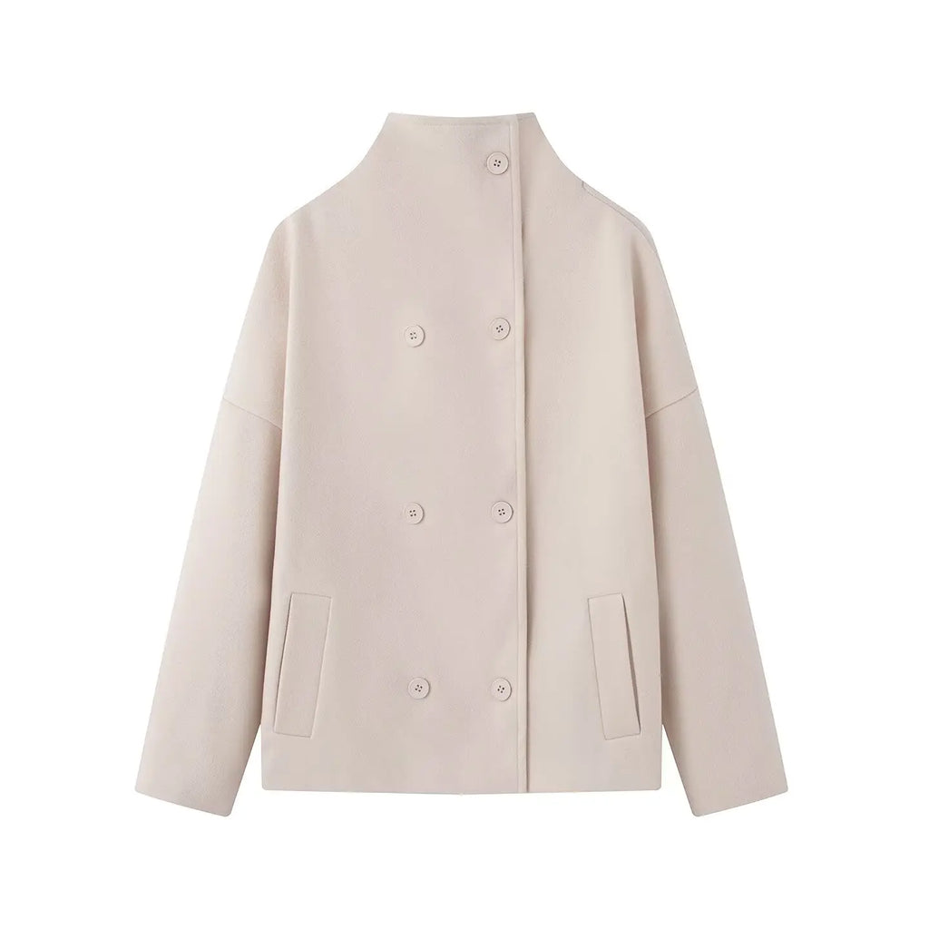 Women's High-Neck Double-Breasted Jacket with Pockets