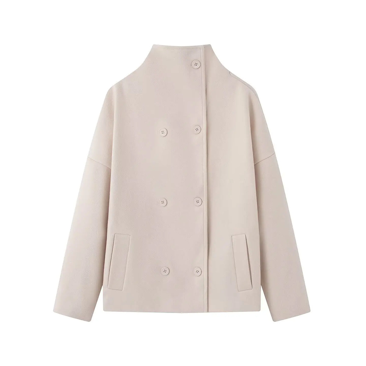 Women's High-Neck Double-Breasted Jacket with Pockets