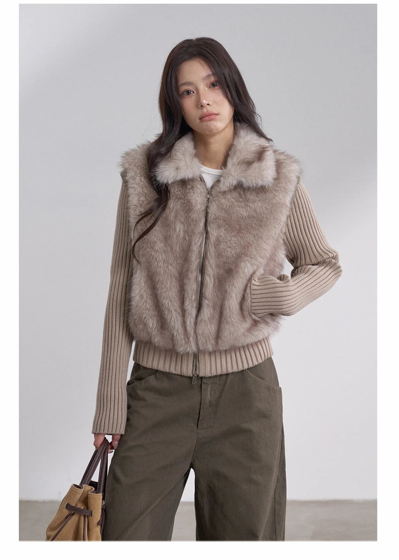 Women's Cropped Faux Fur Jacket with Ribbed Knit Sleeves