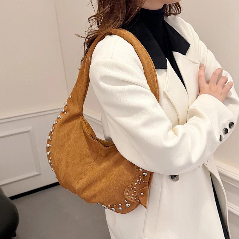 Suede Retro Rivets Design Shoulder Bag Women Snap Large Handbags Soft Tote Bags