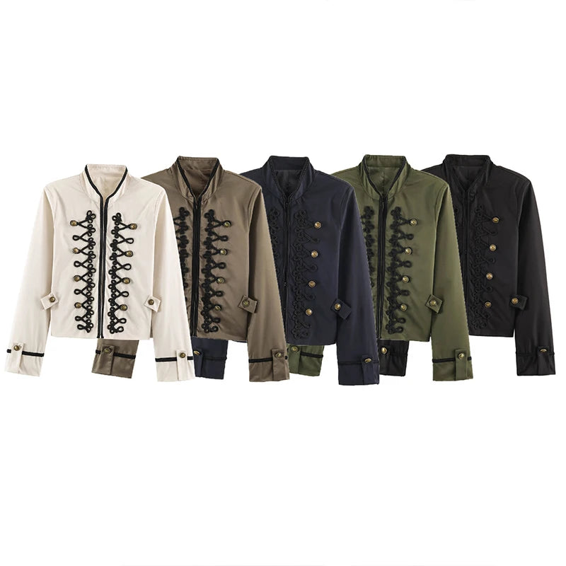 Women's Jacket Vintage Solid Knot Button Single-Breasted Stand Collar Full-Sleeve Slim Short Outerwear Coat