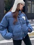 Women's Denim-Look Puffer Jacket with Stand Collar
