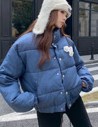 Women's Denim-Look Puffer Jacket with Stand Collar
