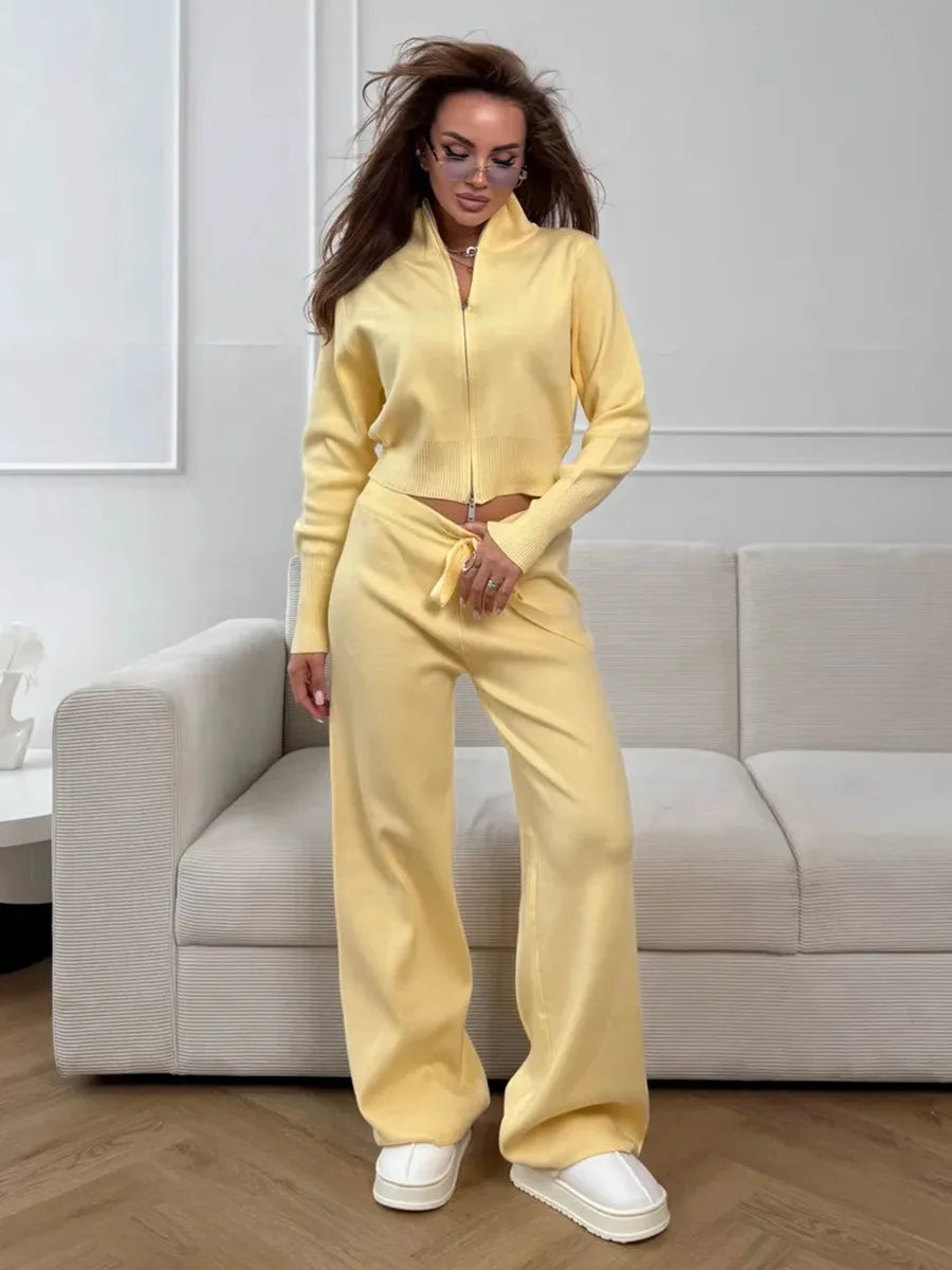 Women's Knit 2-Piece Set Zip-Up Stand Collar Cardigan Wide-Leg Ankle Pants Office Lady Autumn Winter Outfit