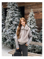 Women's Cropped Faux Fur Jacket with Ribbed Knit Sleeves