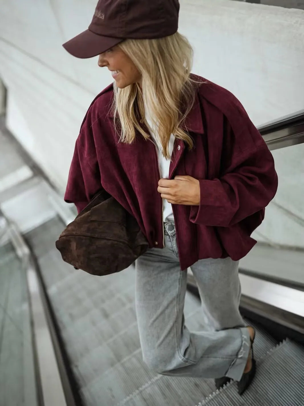 Women's Suede Textured Bomber Jacket Long Sleeve Lapel Collar Loose Coats Casual Outerwear