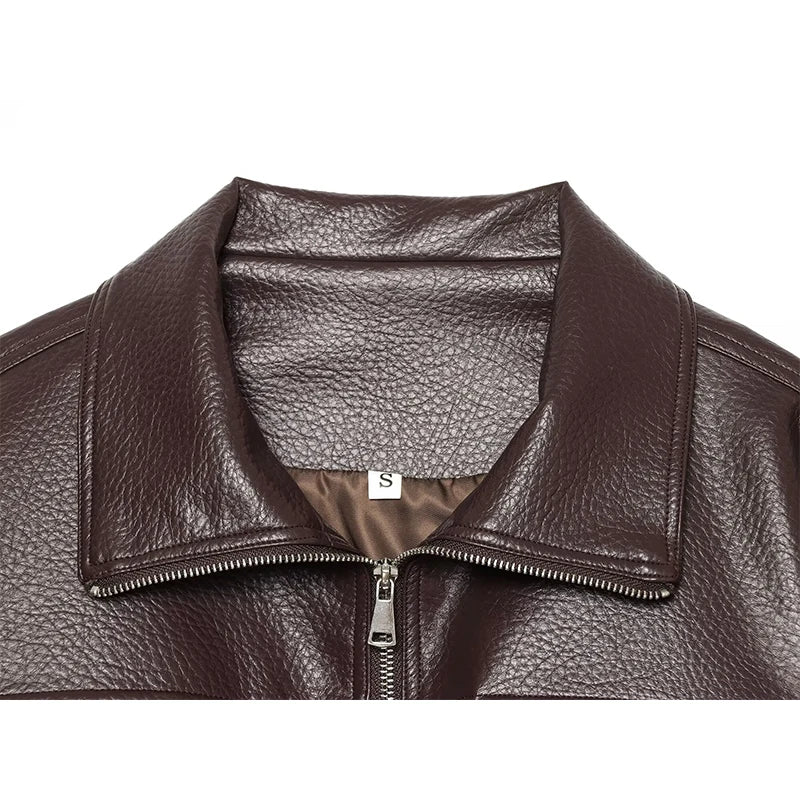 Women's Jacket Solid Faux Leather Drawstring Pleated Full-Zip Turn-Down Collar Loose Thick Streetwear Coat