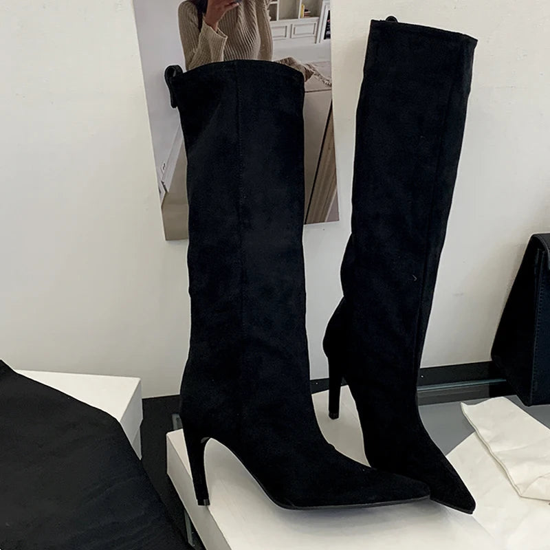 Women's Faux Suede Knee-High Boots with Pointed Toe