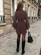 Women's Mini Dress Polka Dot Tie V-Neck Flared Long-Sleeve Slim-Fit Casual Summer Club Dress
