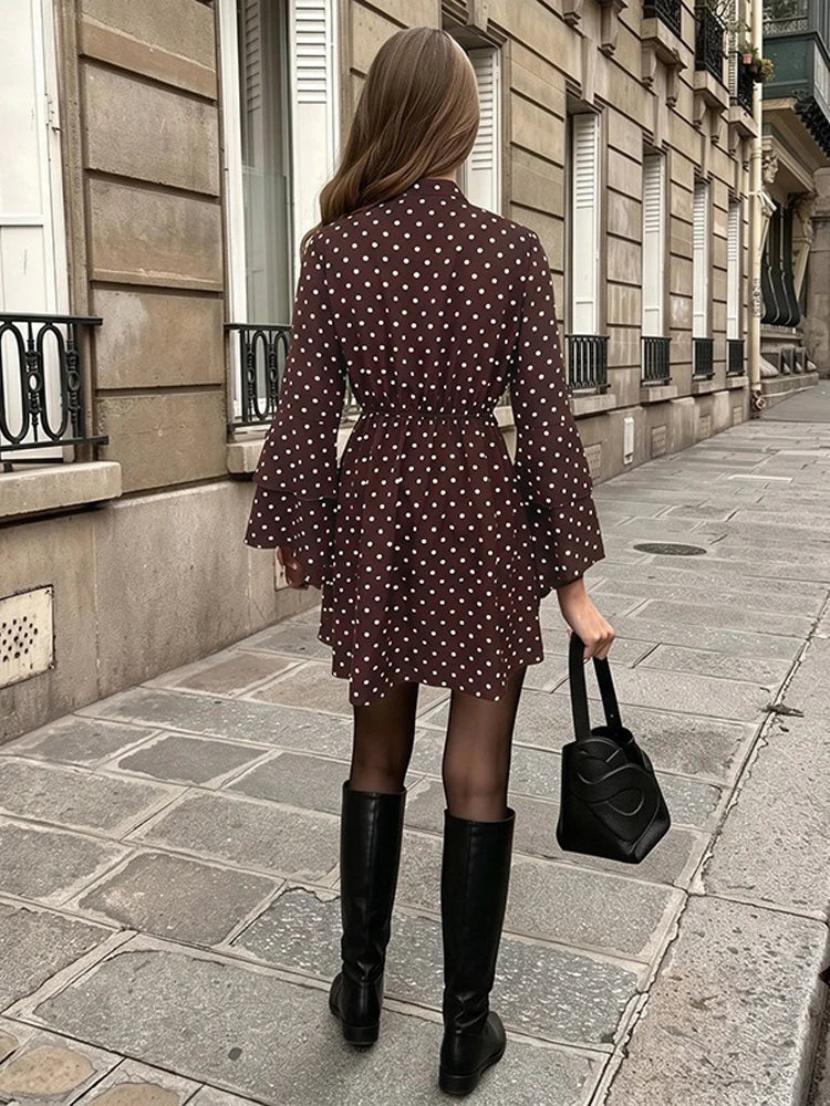 Women's Mini Dress Polka Dot Tie V-Neck Flared Long-Sleeve Slim-Fit Casual Summer Club Dress