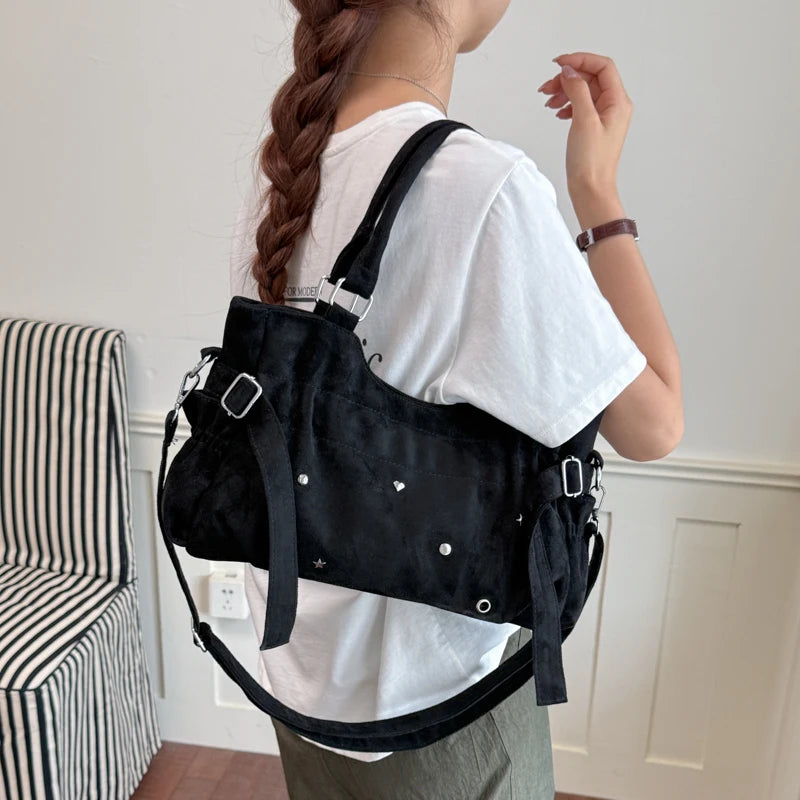 PU Leather Vintage Tote Bag – Rivet Detail, Adjustable Strap, 37×20×9 cm