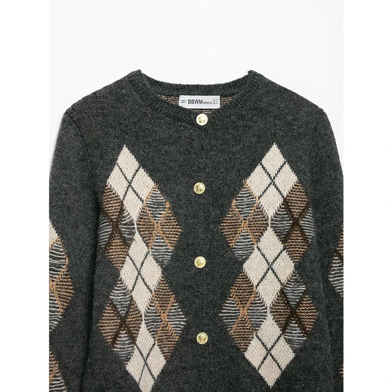 Women's Diamond Argyle Knit Button-Front Cardigan Casual Fashion Sweater