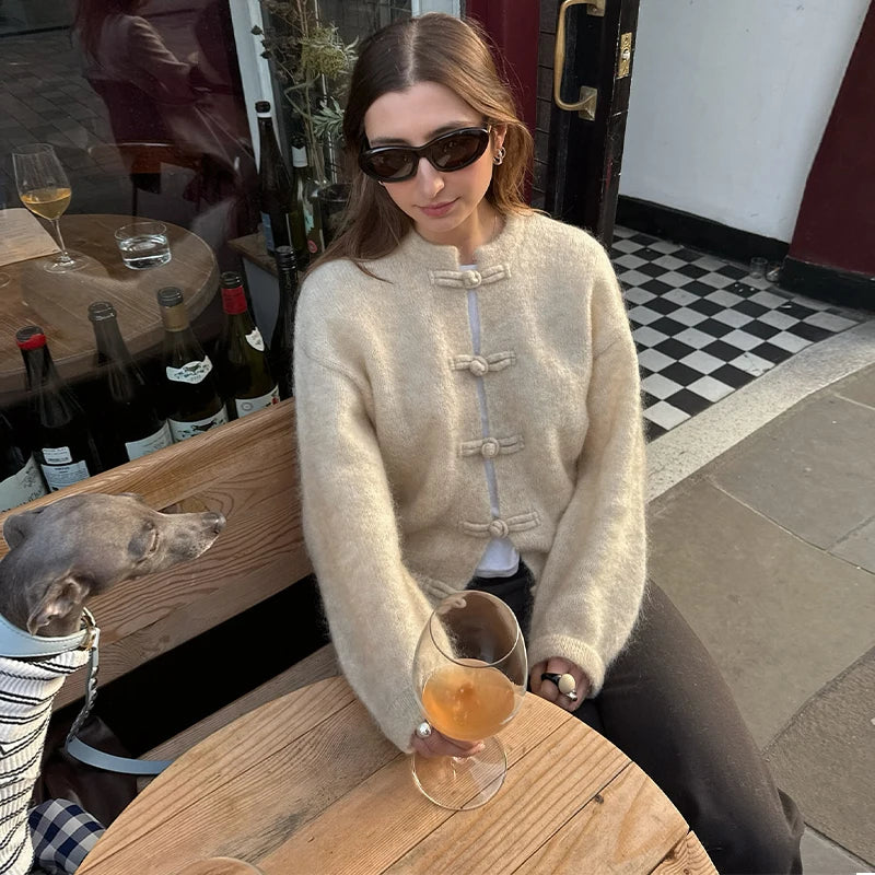 Elegant Knit Grey Women's Cardigan Autumn Winter Fashion Long Sleeve Button O-neck Female Knitwear 2026 Chic Lady Sweater