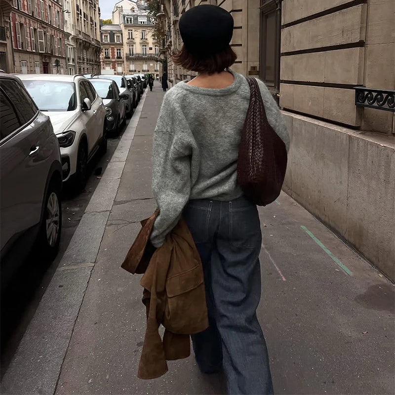 Women's Cardigan Knit Open-Stitch Button O-Neck Loose Full-Sleeve Casual Autumn Winter Sweater