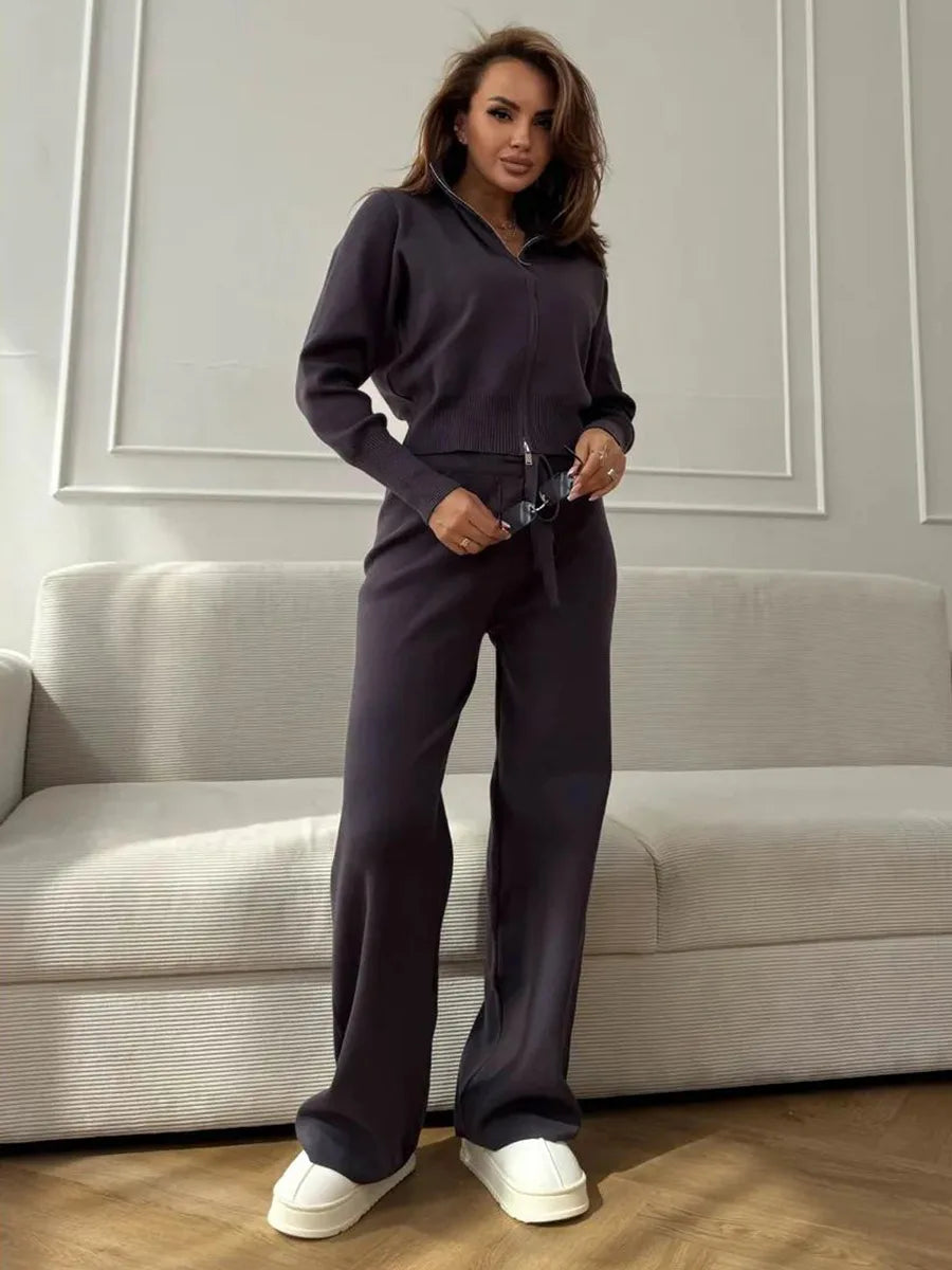 Women's Knit 2-Piece Set Zip-Up Stand Collar Cardigan Wide-Leg Ankle Pants Office Lady Autumn Winter Outfit